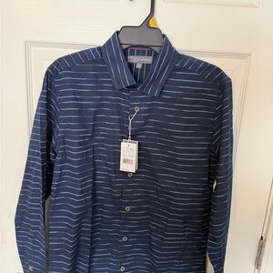 Ike Behar Navy Blue Striped Casual Button Down Shirt